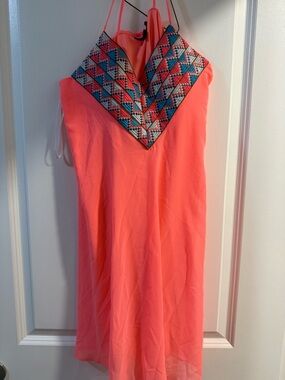 City Triangles Coral Pink Halter Dress with Embroidered Neckline